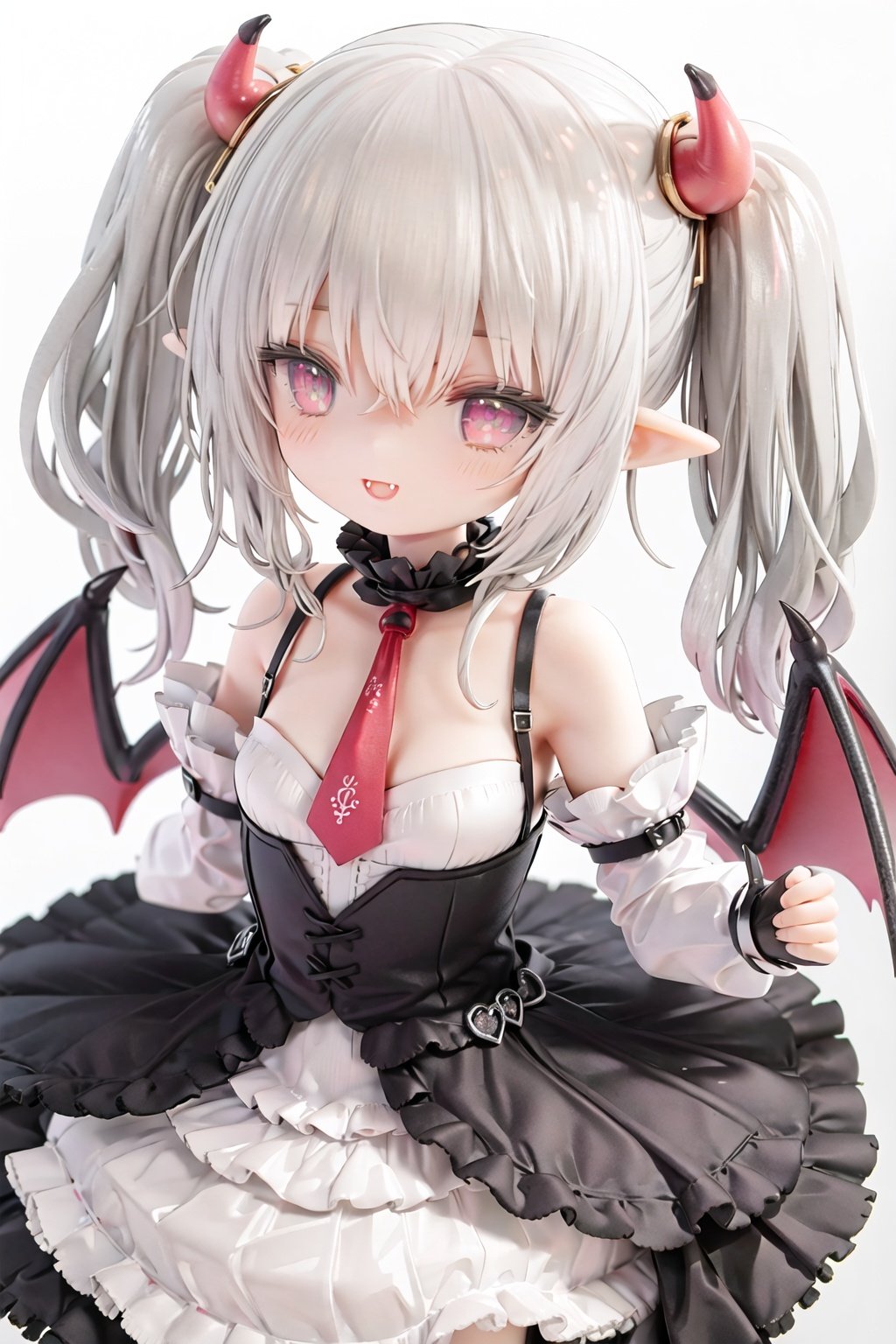 1girl, (crimson inner highlights with silver twintails:1.4),messy hair and (hair intakes:1.2), (hair between eyes, swept bangs) , long hair, solo, hair ornament, skirt, hair flower, very long hair, ribbon trim, crimson eyes, looking at viewer, flower,white skirt, smile, bangs, zettai ryouiki,crimson pupils,floating hair, crimson gradient hair, dress,shirt, neck ribbon, gem, cowboy shot, (chibi:1.25), (loli:1.5),(petite),petety,sidelighting,intricate,cute,adorable,8k beautiful portrait,fingerless gloves,slightly flush,god rays,(the best quality:1.2), (super fine illustrations:1.2),8k beautiful portrait,(illustration),extremely detailed ,CG ,unity, 8k wallpaper,heels,long sleeves,medium breasts,necktie,white shirt,Camellia, pleated dress,half-closed eyes,v arms,bat hair clips,batwing,fluttering hair,(vampire:1.5),(pale skin),gothic style,gothloli,gothic lolita,gothic,goth,gothic architecture,(elf),smug,open mouth,(demon tail),(((3D:1.5))),garter belt,fantasy,bare sh