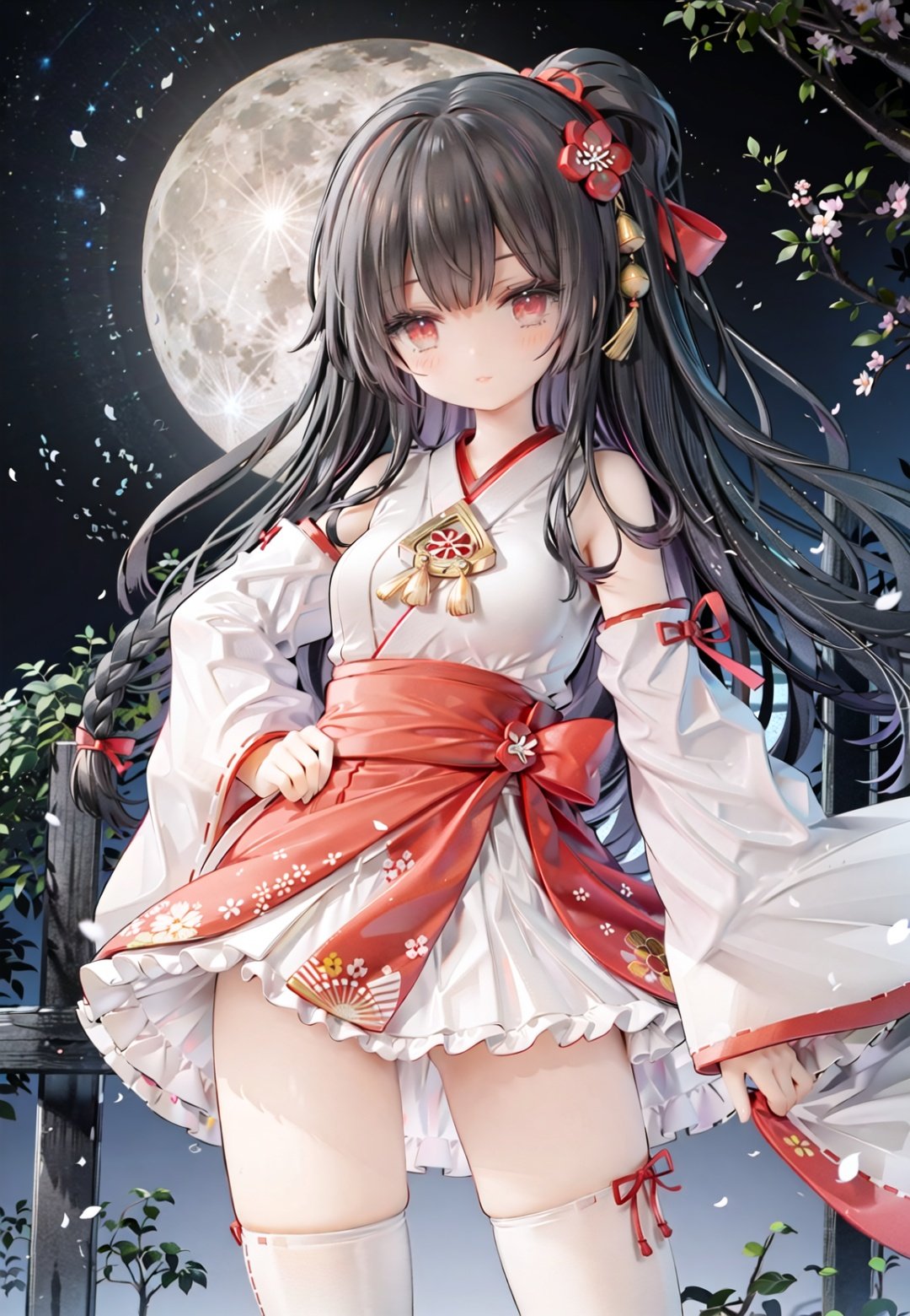 1girl, long hair, solo, thighhighs, black hair, hair ornament, moon, japanese clothes, skirt, detached sleeves, white thighhighs, miko, hakama short skirt, hair flower, very long hair, ribbon trim, ribbon-trimmed legwear, full moon, hakama skirt, hakama, brown eyes, outdoors, night, standing, looking at viewer, flower, hand on hip, tree, red skirt, sky, wide sleeves, smile, ribbon-trimmed sleeves, star (sky), fence, blush, bangs, zettai ryouiki, bare shoulders, night sky, red eyes, nontraditional miko, red hakama, thighs, closed mouth