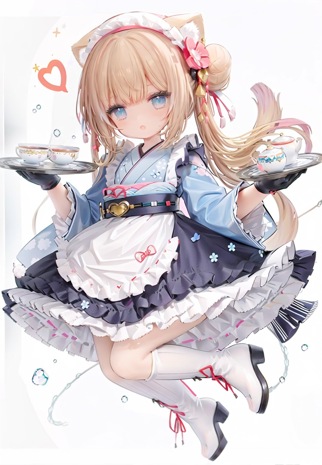 masterpiece, ((best quality)), (ultra-detailed), (illustration), dynamic angle, chromatic aberration, ((colorful)),//,1girl,loli,(petite child:1.05),//,1girl, gloves, bunny, cup, boots, teapot, teacup, apron,  solo, new year, watch, japanese clothes, holding, tray, cookie, food, long hair, kimono, looking at viewer, frills,  holding tray, happy new year, long sleeves, blue kimono, bangs, white apron, full body, bonnet, blonde hair, sparkle, frilled apron, saucer, blue eyes, sash, animal ears, arm up, waist apron,  blush, heart, parted lips, signature, eyebrows visible through hair,  plate, checkerboard cookie, white background,obi, high heel boots, hair ornament, hat, open mouth, :o, holding plate, blue dress, aqua kimono, high heels, wa maid, green kimono, bow, fake animal ears, tea, hand up, dress, frilled sleeves, aqua eyes, light brown hair, blue headwear, checkered, belt, striped, tilted headwear, maid apron, hairband,ribbon, cupcake,