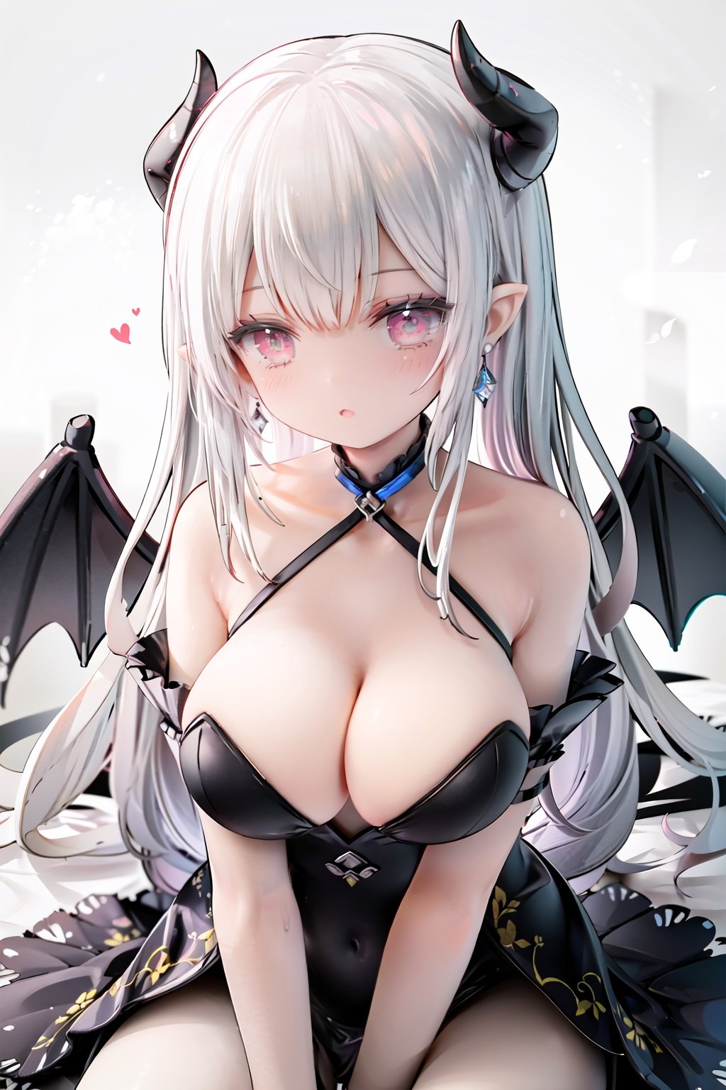 1girl,solo,The whole body,long hair,breasts,chase,Chase the audience,blush,bangs,large breasts,dress,cleavage,bare shoulders,jewelry,very long_hair,earrings,detached sleeves,wings,horns,pointy ears,pink eyes,grey background,black dress,demon girl,demon horns,demon wings,cinematic lighting,strong contrast,high level of detail,Best quality,masterpiece,White background,,