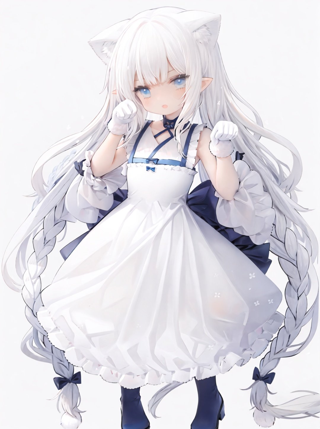 1girl, white_gloves, braid, full_body, gloves, long_hair, official_alternate_costume, pointy_ears, simple_background, solo, standing, very_long_hair, white_background,white hair,blue eyes,paw claw pose, open_mouth,