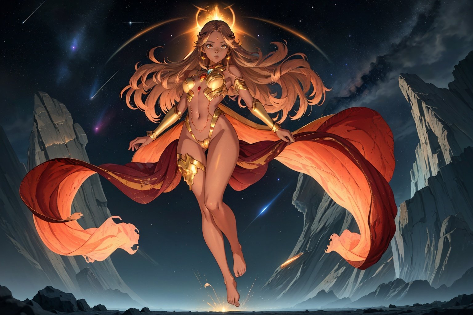 masterpiece absurdres1girl space energy [nude|multiple layered intricate crystal red bodysuit] dark skin golden eyes golden hair dynamic pose long hair glowing power godess barefoot earth_\(planet\) stars_\(sky\) floating full body scenery