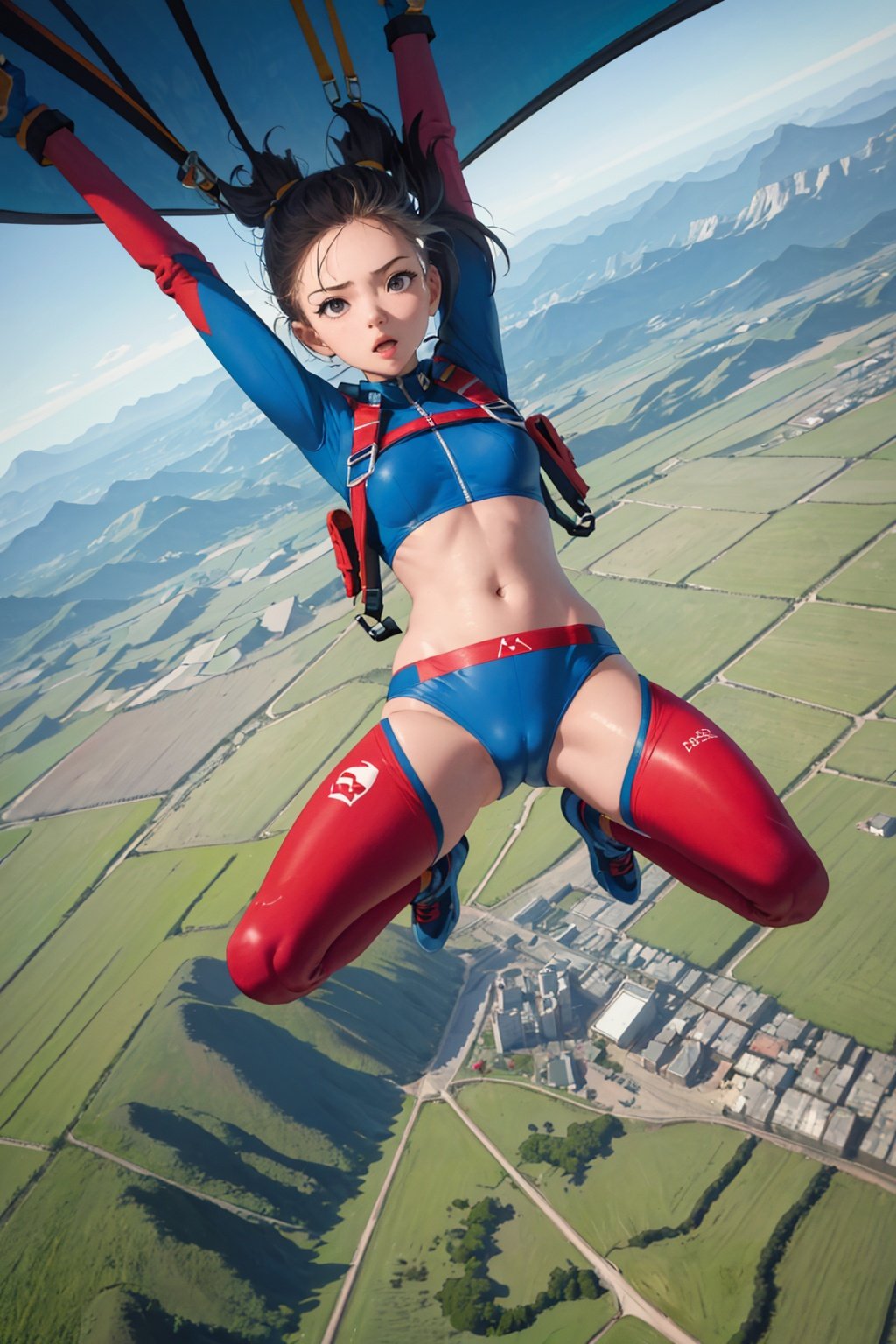 masterpiece, absurdres,1girl, parachute jump, earth_\(planet\), from above, dynamic pose, wind, navel, full body shot,