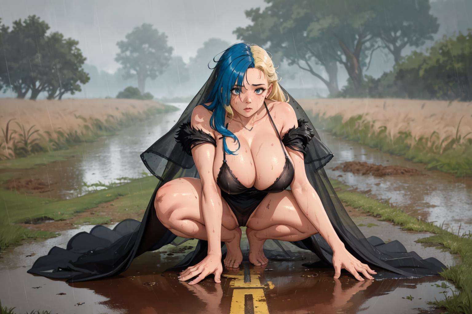 masterpiece, absurdres,1girl, blue hair with (blond streaks:1.1), [black wedding dress:bodysuit:20], [fur|veil|lace], underboob, gigantic breasts, narrow waist, large hips, curvy, [toeless legwear|barefoot], [country road|field], mud, dirty feet, dirty body, dirty face, outdoors, rain, downpour, dynamic pose, [all fours|squatting], full body shot,