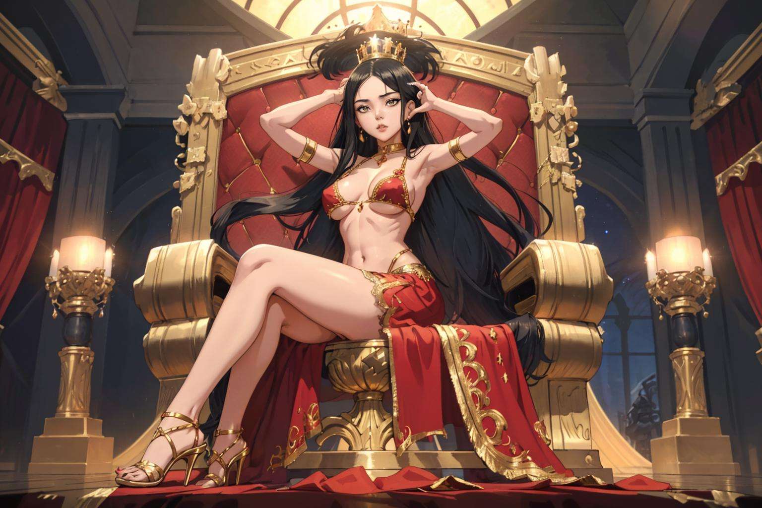 masterpiece, absurdres,1girl, straight hair, black hair, long hair, sitting, throne, queen, goddess, glowing, relective floor, makeup, lips, nails, scenery, big crown, dynamic pose, indoors, spread legs, red dress, navel, underboob, cleavage, gold, high heels, lace, full body, from face,