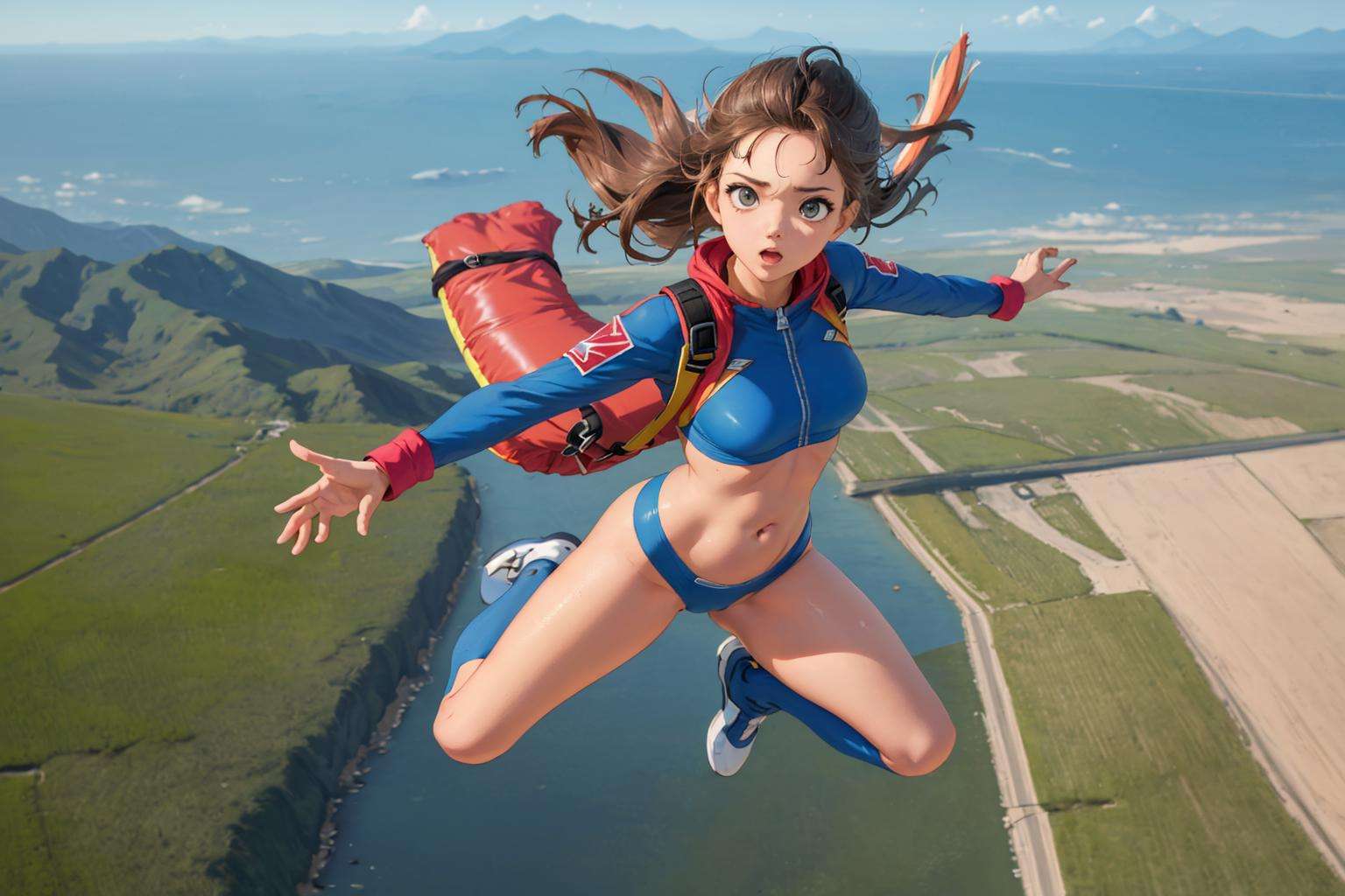 masterpiece, absurdres,1girl, parachute jump, earth_\(planet\), from above, dynamic pose, wind, navel, full body shot,