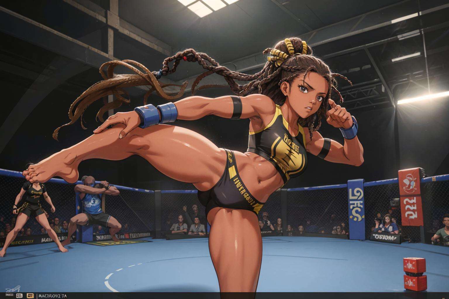 masterpiece, absurdres,1girl, solo, dark skin, dreadlocks, long hair, large hips, muscular, leg up, fighting, combat, battle arena, box ring, mma, barefoot, indoors,