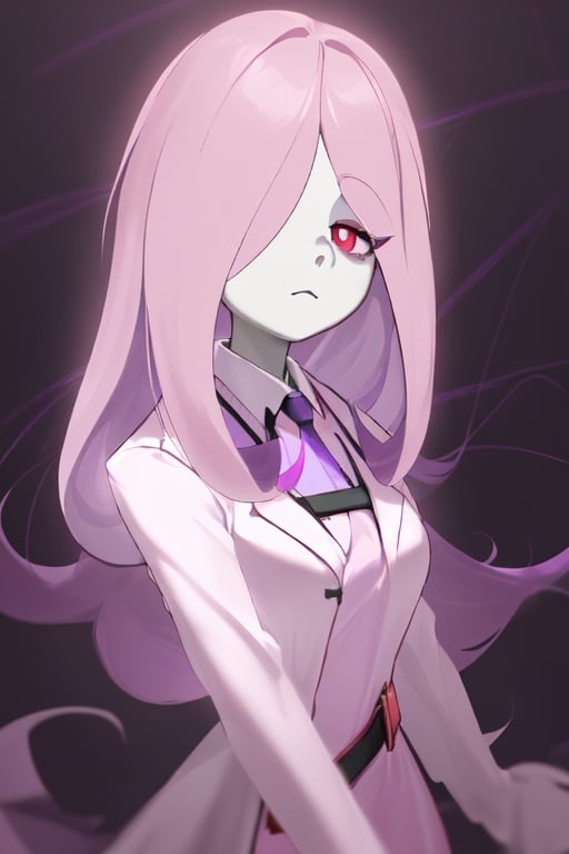 1girl, sucy, eyeshadow, hair over one eye, half-closed eyes, long hair, purple pink hair, light purple hair, red eyes, pale skin, (lab coat:1.3)