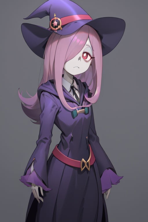 sucy, (sucy manbavaran:1.3), cowboy shot 1girl, (blank expression:1.2), (expressionless:1.2), makeup, eyeshadow, hair over one eye, half-closed eyes, hat, long hair, purple hair + pink hair, light purple hair, red eyes, pale skin, luna nova uniform, luna nova school uniform, robe, dress, blue dress, wide sleeves, (sleeves past fingers), (sleeves past wrists), witch, witch hat, simple background, (standing cowboy shot:1.2)