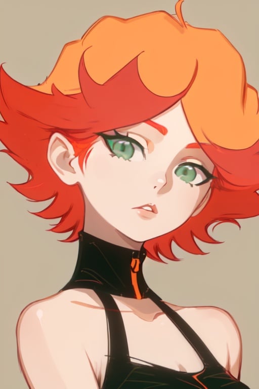 1girl, two color hair, short hair, green eyes, orange and red hair, Amanda O'neill