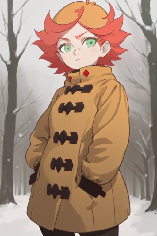 1girl, two color hair, short hair, green eyes, orange and light red hair, Amanda O'neill, anime style, Winter clothes,