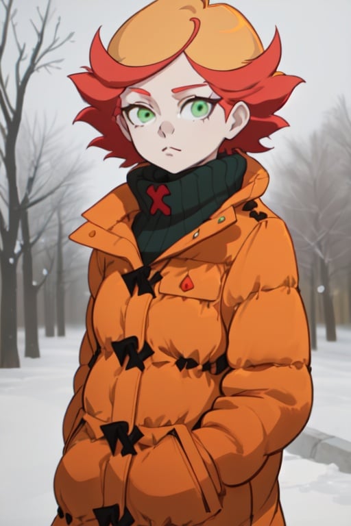 1girl, two color hair, short hair, green eyes, orange and light red hair, Amanda O'neill, anime style, Winter clothes,