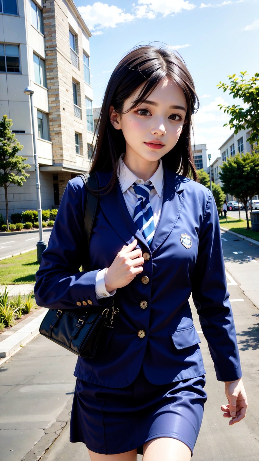 1 Girl wearing winter school uniform, walking to school with school bag on her back <lora:MIX1:0.5>