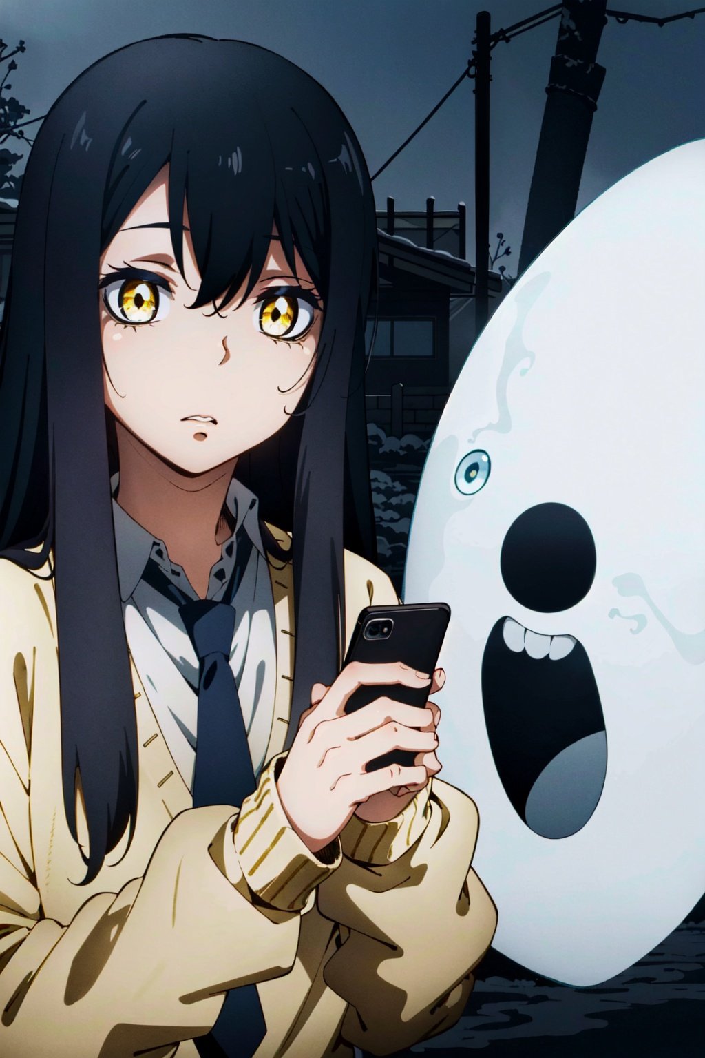 mieruko, miko_yotsuya, 1girl, scared, holding phone, yellow sweater, black tie, school uniform, yellow detailed eyes, long black hair, big eyes, detailed pupils, detailed shading, detailed lighting, (horror \(theme\):1.25), outdoors, creepy background, creepy monster, monster, ghosts in background, <lora:EMS-1801-EMS:1>