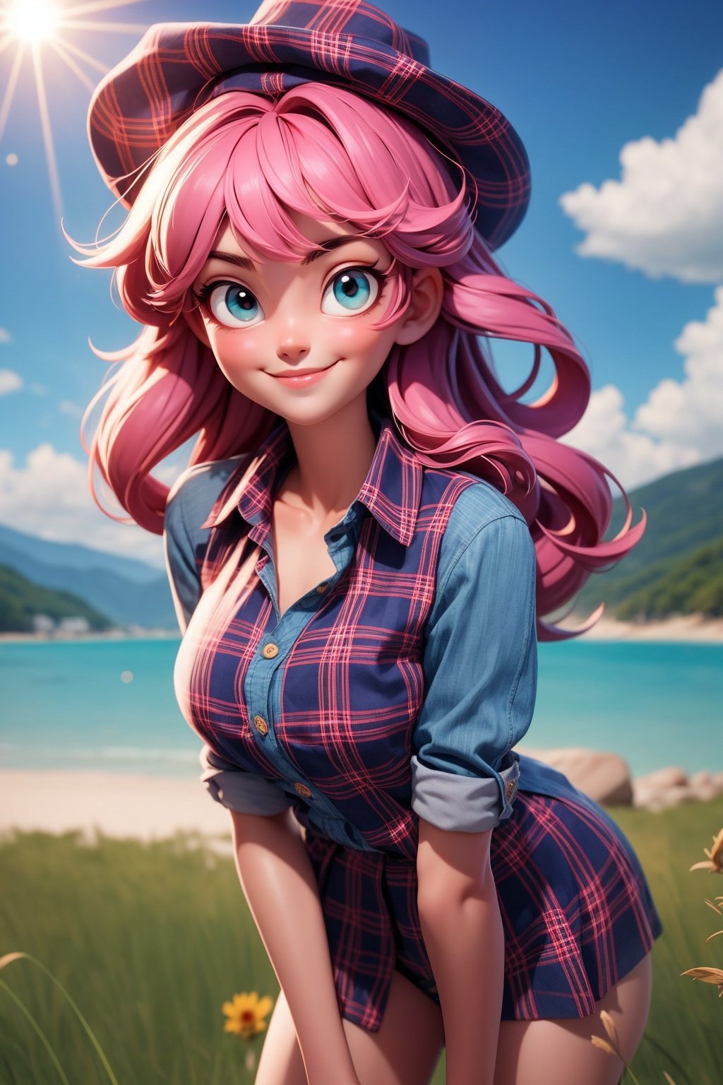 3dmm,masterpiece, high quality best quality,1girl, bangs, beach, blue_sky, blush, bow, breasts, checkered, checkered_shirt, checkered_skirt, cloud, cloudy_sky, collarbone, day, envelope, giving, grass, hair_bow, heart, holding, holding_letter, horizon, incoming_gift, kazami_yuuka, leaning_forward, lens_flare, letter, light_rays, long_hair, looking_at_viewer, love_letter, mountain, mountainous_horizon, ocean, outdoors, plaid, plaid_background, plaid_bikini, plaid_bow, plaid_bowtie, plaid_bra, plaid_dress, plaid_headwear, plaid_jacket, plaid_legwear, plaid_necktie, plaid_neckwear, plaid_panties, plaid_pants, plaid_ribbon, plaid_scarf, plaid_shirt, plaid_skirt, plaid_vest, pov, shirt, skirt, sky, smile, solo, sun, sunbeam, sunlight, tree, unmoving_pattern