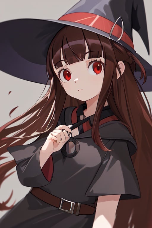 1girl, brown hair,red eyes, asymmetrical bangs, long hair, witch custom,