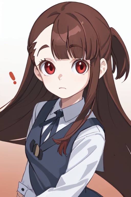 1girl, brown hair,red eyes, asymmetrical bangs, long hair,school uniform