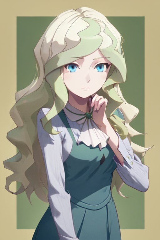 1girl, blonde hair, two tone hair, green tufts, long hair, diana cavendish, blue eyes, casual clothes