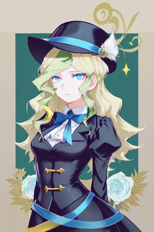 1girl, Two hair colors, yellow hair, green locks, Diana Cavendish, blue eyes, northern hat,