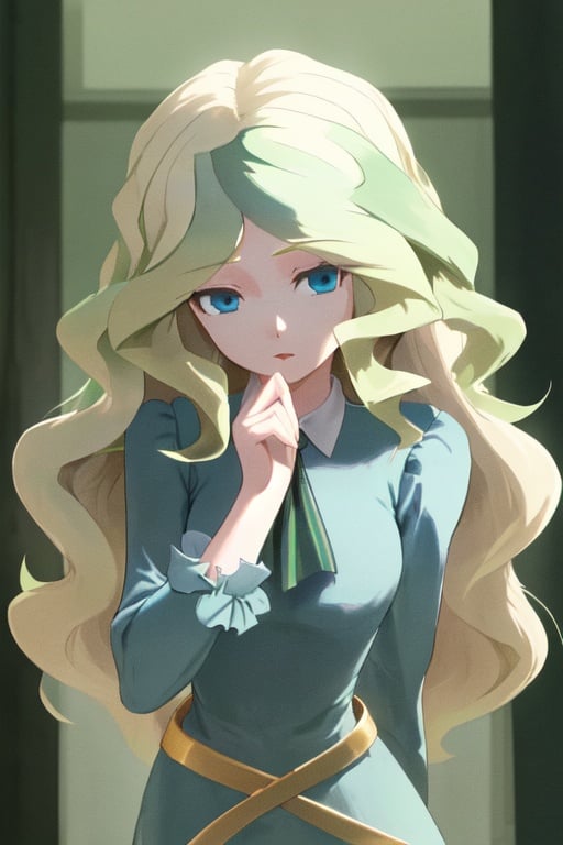 1girl, blonde hair, two tone hair, green tufts, long hair, diana cavendish, blue eyes,