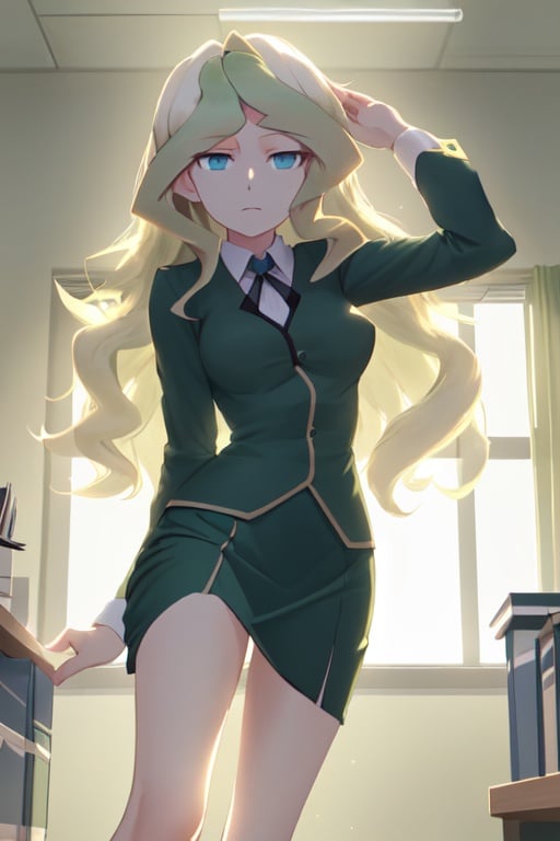 1girl, blonde hair, two tone hair, green tufts, long hair, diana cavendish, blue eyes, office uniform