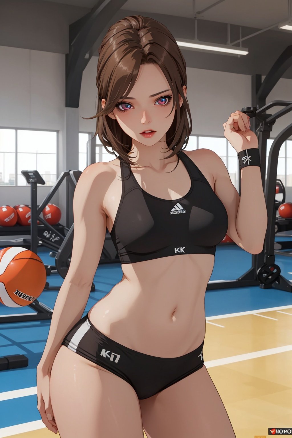  (masterpiece, best quality, high quality, super detailed,full detail,4k,8k),athletic girl,brown hair,detailed eyes,athlete,interior,indoor,