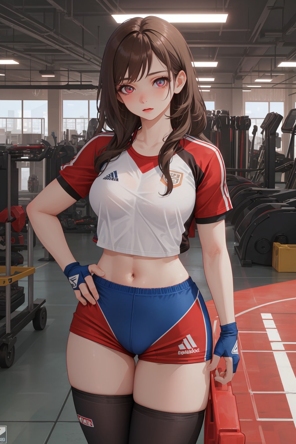  (masterpiece, best quality, high quality, super detailed,full detail,4k,8k),athletic girl,brown hair,detailed eyes,athlete,interior,indoor,