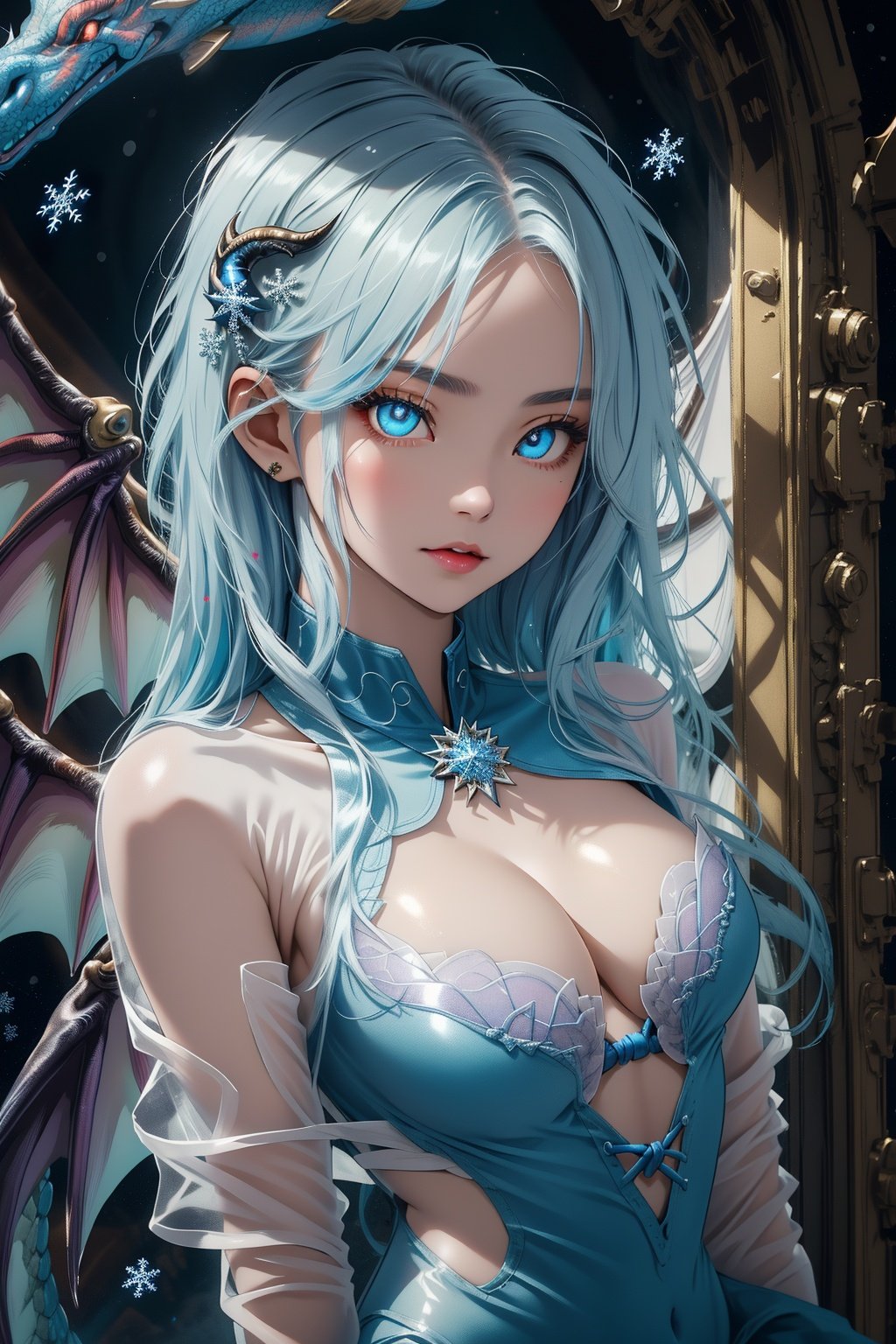 A 1girl, Tarot cards,((best quality)), ((masterpiece)), ((ultra-detailed)), extremely detailed CG, (illustration), ((detailed light)), (an extremely delicate and beautiful), a girl, solo, ((upper body,)), ((cute face)), expressionless, (beautiful detailed eyes), blue dragon eyes, (Vertical pupil:1.2), white hair, shiny hair, colored inner hair, (Dragonwings:1.4), [Armor_dress], blue wings, blue_hair ornament, ice adorns hair, [dragon horn], depth of field, [ice crystal], (snowflake), [loli], [[[[[Jokul]]]]],