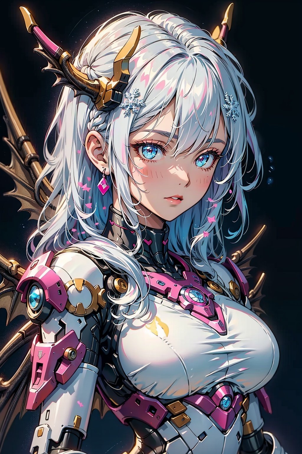 A 1girl, Tarot cards,((best quality)), ((masterpiece)), ((ultra-detailed)), extremely detailed CG, (illustration), ((detailed light)), (an extremely delicate and beautiful), a girl, solo, ((upper body,)), ((cute face)), expressionless, (beautiful detailed eyes), blue dragon eyes, (Vertical pupil:1.2), white hair, shiny hair, colored inner hair, (Dragonwings:1.4), [Armor_dress], blue wings, blue_hair ornament, ice adorns hair, [dragon horn], depth of field, [ice crystal], (snowflake), [loli], [[[[[Jokul]]]]],Pink Mecha,Honey Mecha