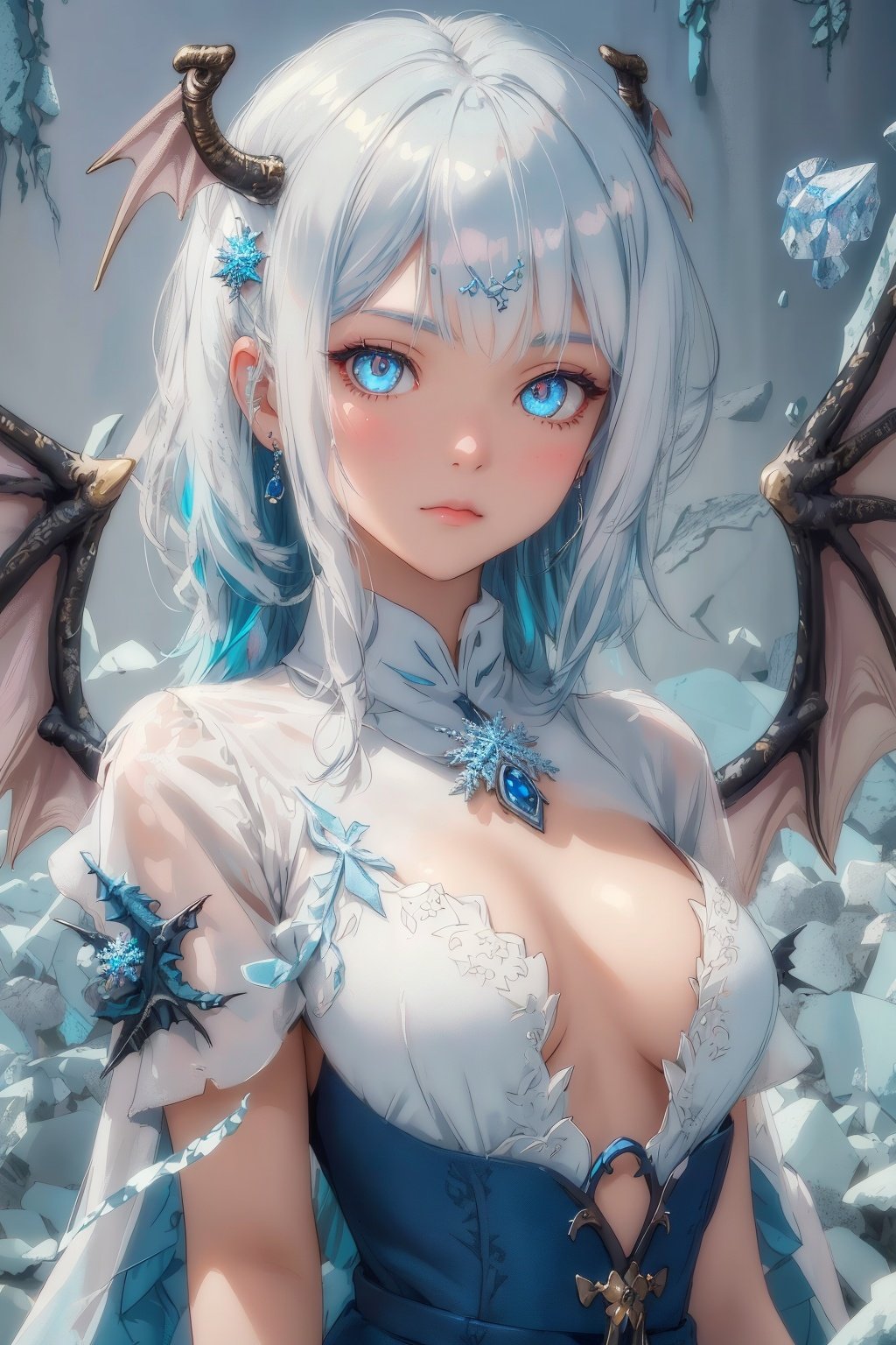 A 1girl, Tarot cards,((best quality)), ((masterpiece)), ((ultra-detailed)), extremely detailed CG, (illustration), ((detailed light)), (an extremely delicate and beautiful), a girl, solo, ((upper body,)), ((cute face)), expressionless, (beautiful detailed eyes), blue dragon eyes, (Vertical pupil:1.2), white hair, shiny hair, colored inner hair, (Dragonwings:1.4), [Armor_dress], blue wings, blue_hair ornament, ice adorns hair, [dragon horn], depth of field, [ice crystal], (snowflake), [loli], [[[[[Jokul]]]]],