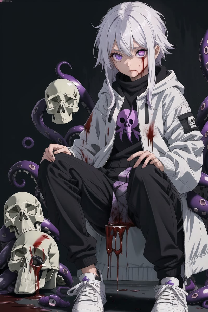 masterpiece,best_quality,concept_art,1girl,solo,loli,Necromancer,white_hair,long_jacket,purple_eyes,purple_liquid,wand,partly_bangs,hair_between_eyes,sneakers,black_legwear,((tentacles,skull,nightmare,flouting_eyeballs,blood))