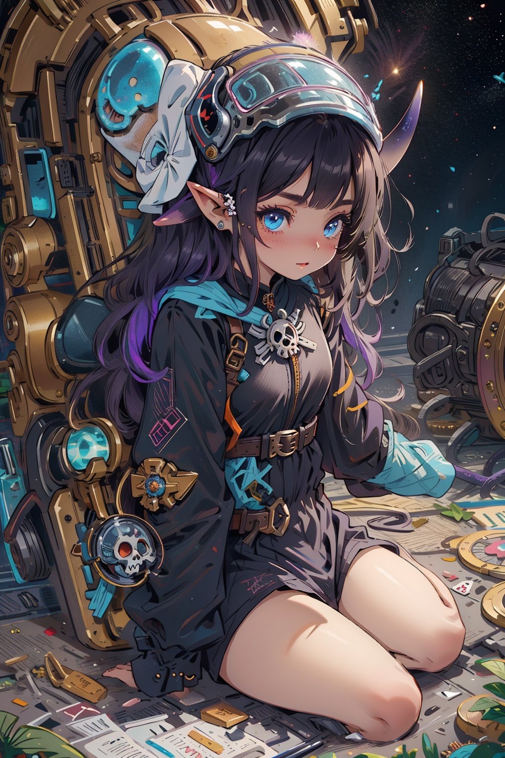 //,masterpiece, ((best quality)), (ultra-detailed), (illustration), an extremely delicate and beautiful, dynamic angle, chromatic aberration,((Medium shot)), ((colorful)),//,little girl,1girl,loli,petite,black dress,lolita,Bare foot,blue eyes,dark purple hair,long hair,Dead skin,Shiny skin,small breast,ringlet twin tail,(Skull headwear,Demon tail,Demon horn,elf,hair ribbon),despair,The crows were feeding on the rotting carcass,table,hell,Beelzebub,dark,night,(moon:1.02),star,meteor,milky way,32k,高清,machinery