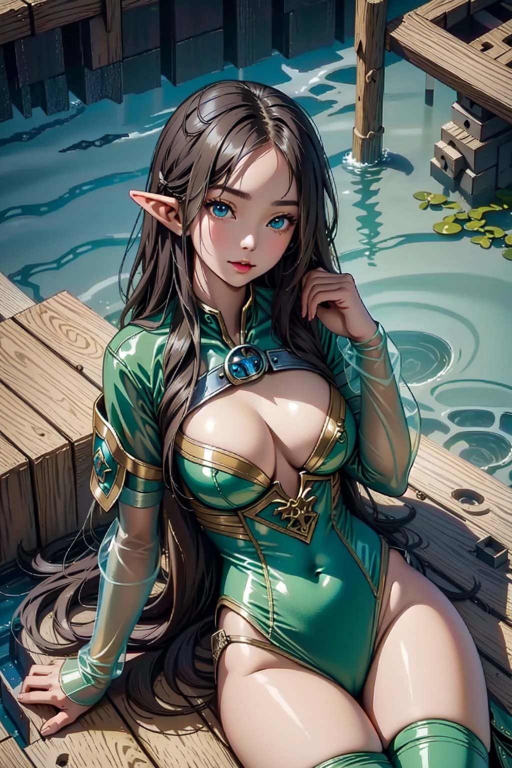 elf girl at the pier, (high fantasy, medieval:1.4), feudal society, lake town, waterfront, wooden boats,upper body,1girl,32k,高清