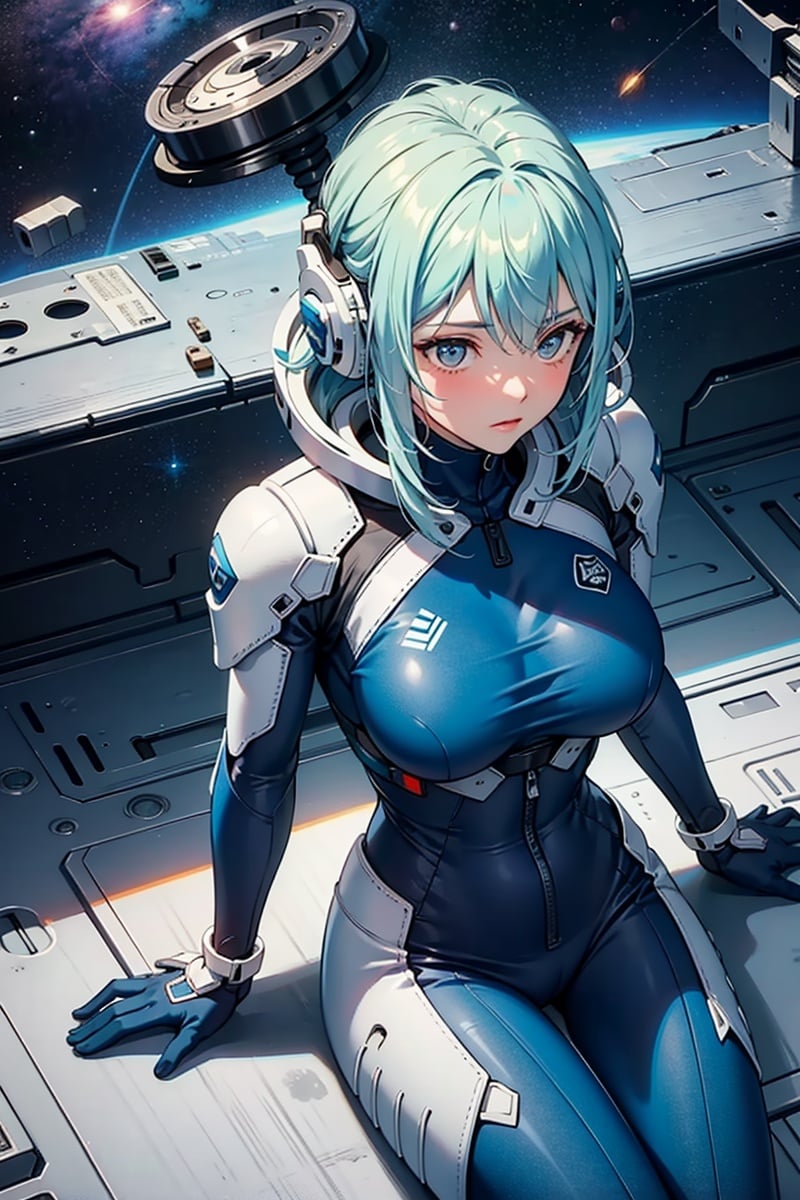 masterpiece, best quality, 1girl, translucent skin<lora:translucent_skin:1:>, blue bodysuit, mechanical, cowboy shot, space, sitting, from above, large breasts, bone,