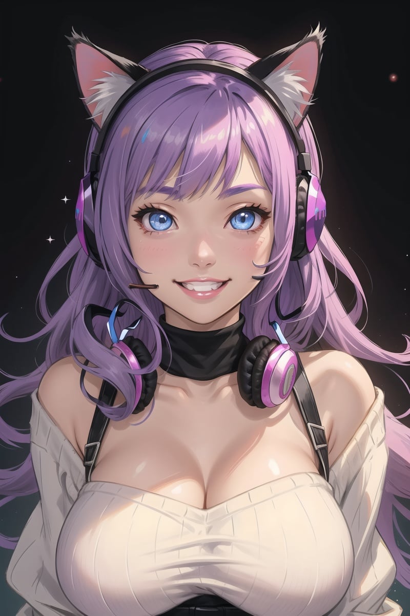 (huge breasts:1.2)1girl, animal ears, solo, pink hair, fake animal ears, headphones, long hair, blue eyes, sweater, looking at viewer, smile, purple hair, animal ear headphones, teeth, multicolored hair, lips, star (symbol), gradient hair, black background, cat ear headphones, cat ears, masterpiece, best quality,