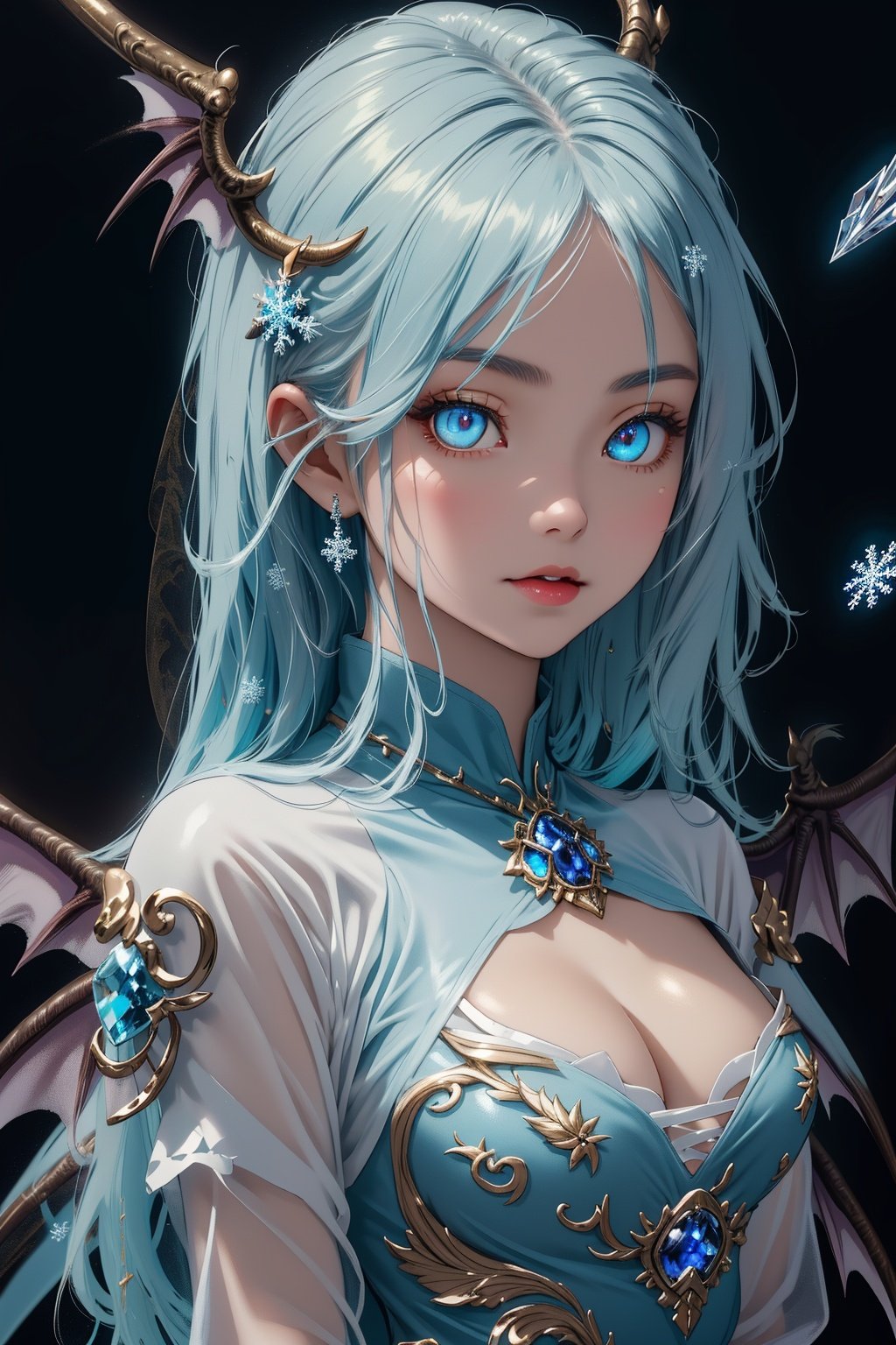 A 1girl, Tarot cards,((best quality)), ((masterpiece)), ((ultra-detailed)), extremely detailed CG, (illustration), ((detailed light)), (an extremely delicate and beautiful), a girl, solo, ((upper body,)), ((cute face)), expressionless, (beautiful detailed eyes), blue dragon eyes, (Vertical pupil:1.2), white hair, shiny hair, colored inner hair, (Dragonwings:1.4), [Armor_dress], blue wings, blue_hair ornament, ice adorns hair, [dragon horn], depth of field, [ice crystal], (snowflake), [loli], [[[[[Jokul]]]]],