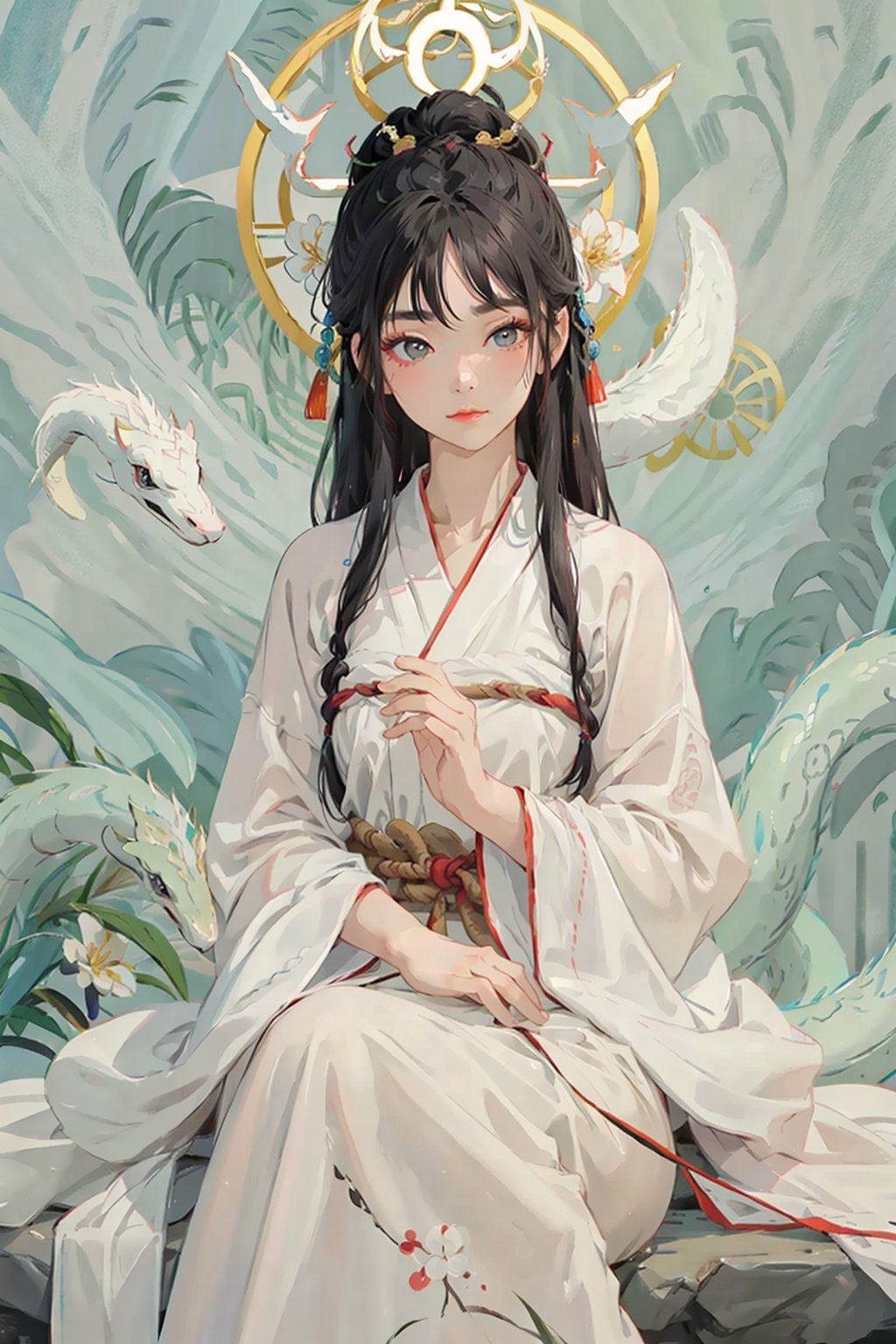 Bai Niangzi, White Lady, main character, Legend of the White Snake, ancient Chinese, white snake spirit, beautiful, virtuous, gentle demeanor, black hair, fair skin, delicate eyebrows, intelligent, soft beauty, warm eyes, kindness, elegant Hanfu, celestial robes, nobility, ethereal presence.,32k