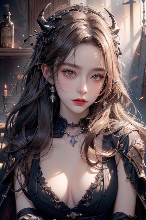 (best quality, masterpiece, realistic, detailed), 8k CG, perfect artwork,1girl, adult shedrn, horns, white hair, blue skin, glowing yellow eyes, (style-swirlmagic:1.0), portrait, looking at viewer, solo, naked breast,half shot, detailed background, detailed face, (gothic dark fantasy theme:1.1) evil wizard, tattered Medium Brown magical robes, determined expression, dark scarlet light, library, bookshelves, glowing magical runes, dark atmosphere, shadows, realistic lighting, floating particles, embers, surrounded by fire,glint