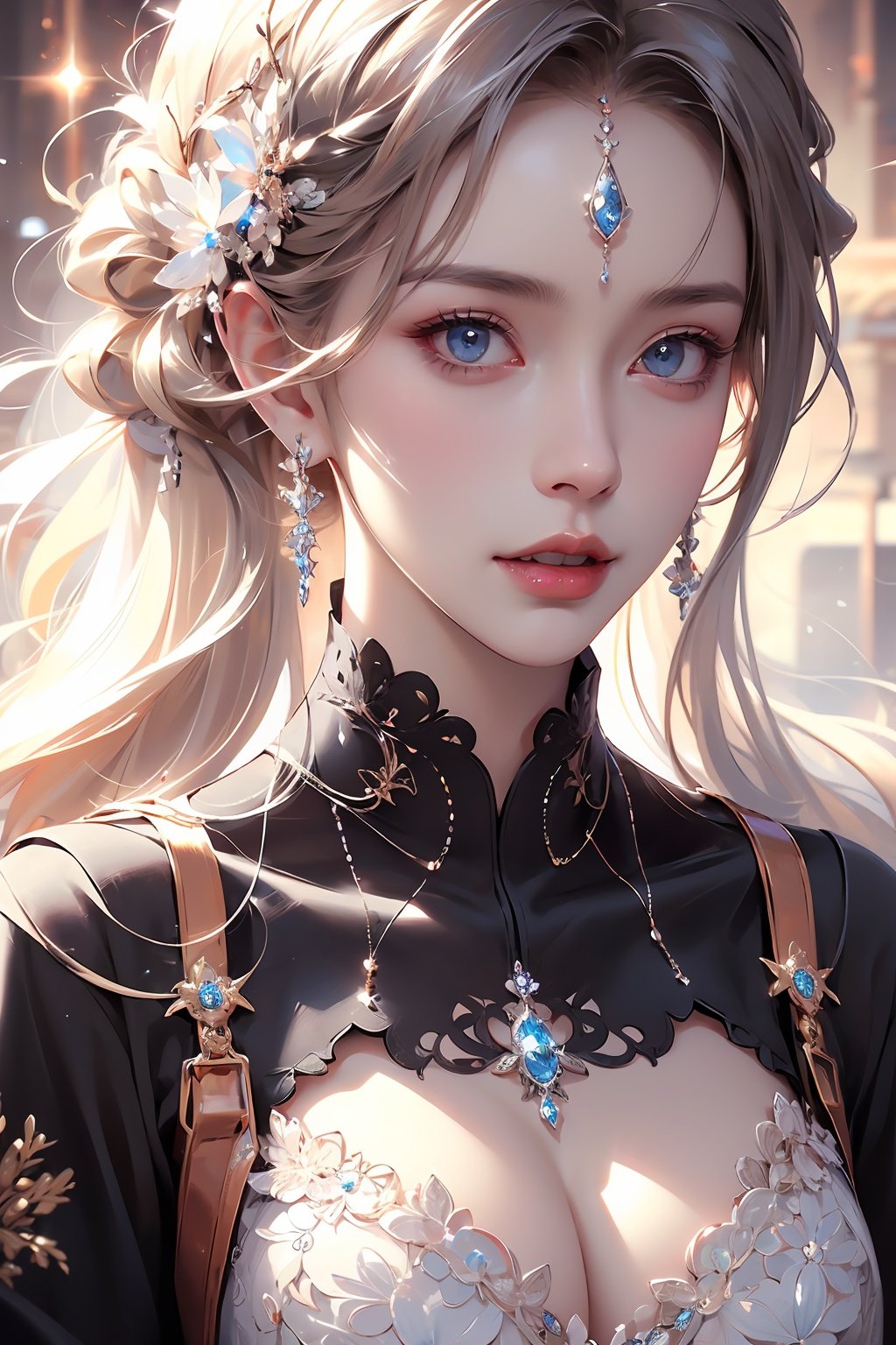 (Reality :1.3), Official art, Uniform 8k quality, Super Detail, 1 girl,beautiful detailed face,  beautiful detailed eyes,exquisite fingers,trendy,best quality,White teeth,full breasts,Reflectors,Sparkle,