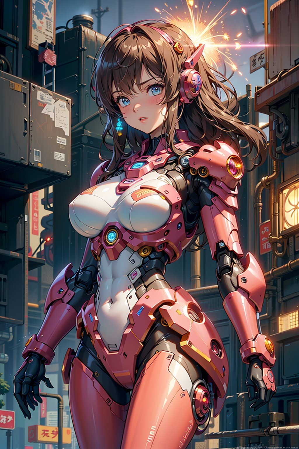 a girl,blue， city,red power armor,brown hair,The glowing energy ring on the chest,realistic, building, glowing, science fiction,vibrant details,beautiful background, octane render, H. R. Giger style,best quality, masterpiece, illustration, an extremely delicate and beautiful, extremely detailed ,unity ,wallpaper,photo-realistic,Amazing, finely detail,best quality,official art, extremely detailed,unity,Pink Mecha,Honey Mecha,machinery,, Mecha,lightning,drawing,真实,照片,32k,高清,32