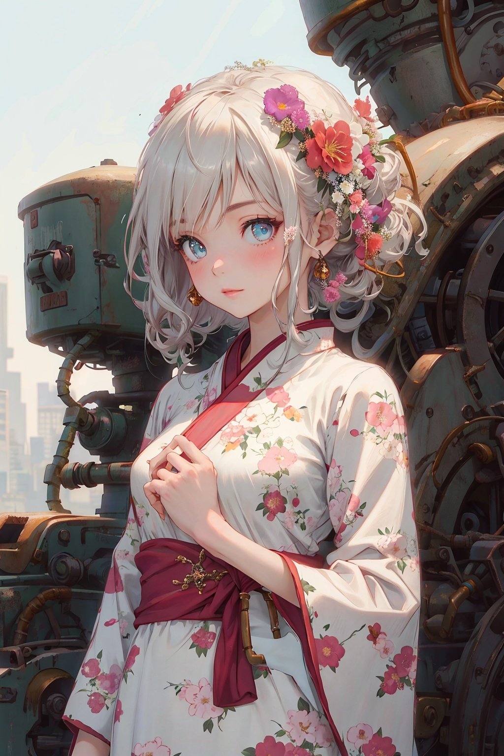 1girl, elegant floral dress, beautiful eyes, upper body, 8k,32k,高清,machinery,, Mecha,32