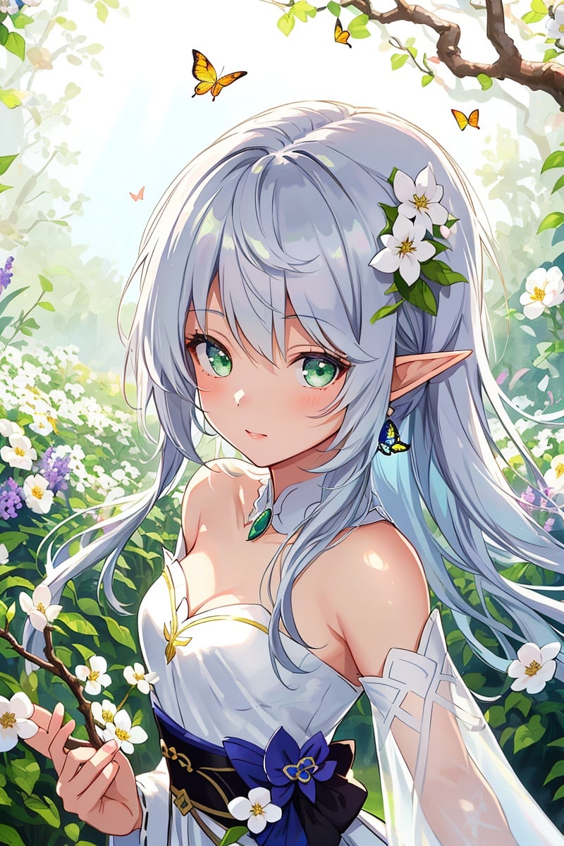 3D，photo，(the wonderland of elf),(((masterpiece))),(incredibly_absurdres),(best quality),(highres),((ultra-detailed)),(girl in the garden),(garden in the dream), (extremely fantasy dream),(an extremely delicate and beautiful girl),delicate face,beautiful detailed eyes,[1princess,elf,pointy_ears, flower, breasts, elf, long_hair, blonde and silver hair, very_long_flowing_hair, solo, detached_sleeves, yokozuwari, green_eyes, white_flower, butterfly_hair_ornament, bare_shoulders, bare_breast,medium_breasts, looking_at_viewer,(silver see-through gauze_dress:1.2),(gold trim glowing gauze_dress), hair_ornament, bangs: :0.66],(upper_body),focus on face,close up,[ :dynamic angle,insect,animals,(bug, glowworm,butterfly,animal, , glowing butterfly,glowing fireflies,fireflies encircles the girl,(glowing)) (detailed light),feather, nature, (sunlight), flowers:0.33],girl in the garden,garden in the wonderland,beautiful and delicate wonderland,(painting),(sketch),(bloom),(shine),(All fireflies shine)(detailed background),(depth of field),backlight,(cinematic light),(lens_flare),(best shadow),(extremely delicate and colorful Wisteria Tunnel), (fairy tale and dreamy),High quality, ultra detail, ((Nahida, genshin impact,Green eyes,Nahida's character costume)),(watercolor medium:1.1), (ukiyoe style:1.21), (masterpiece:1.4641), (best quality:1.331), (illustration:1.1), (1girl:1.5), (solo:1.5), (an extremely delicate and beautiful:1.21),  cute,looking at viewer,Medium lens,(She Hold the branches with small white flowers:1.23),(white background:1.3), (night sky with stars:1.2), (Sophora:1.2), (drooping branches with white flowers),(beautiful long white hair),(very long white hair),small breasts,(black pleated skirt:1.25),((white hair)),(collared shirt),(white stocking),collarbone,[delicate hands:0.8],