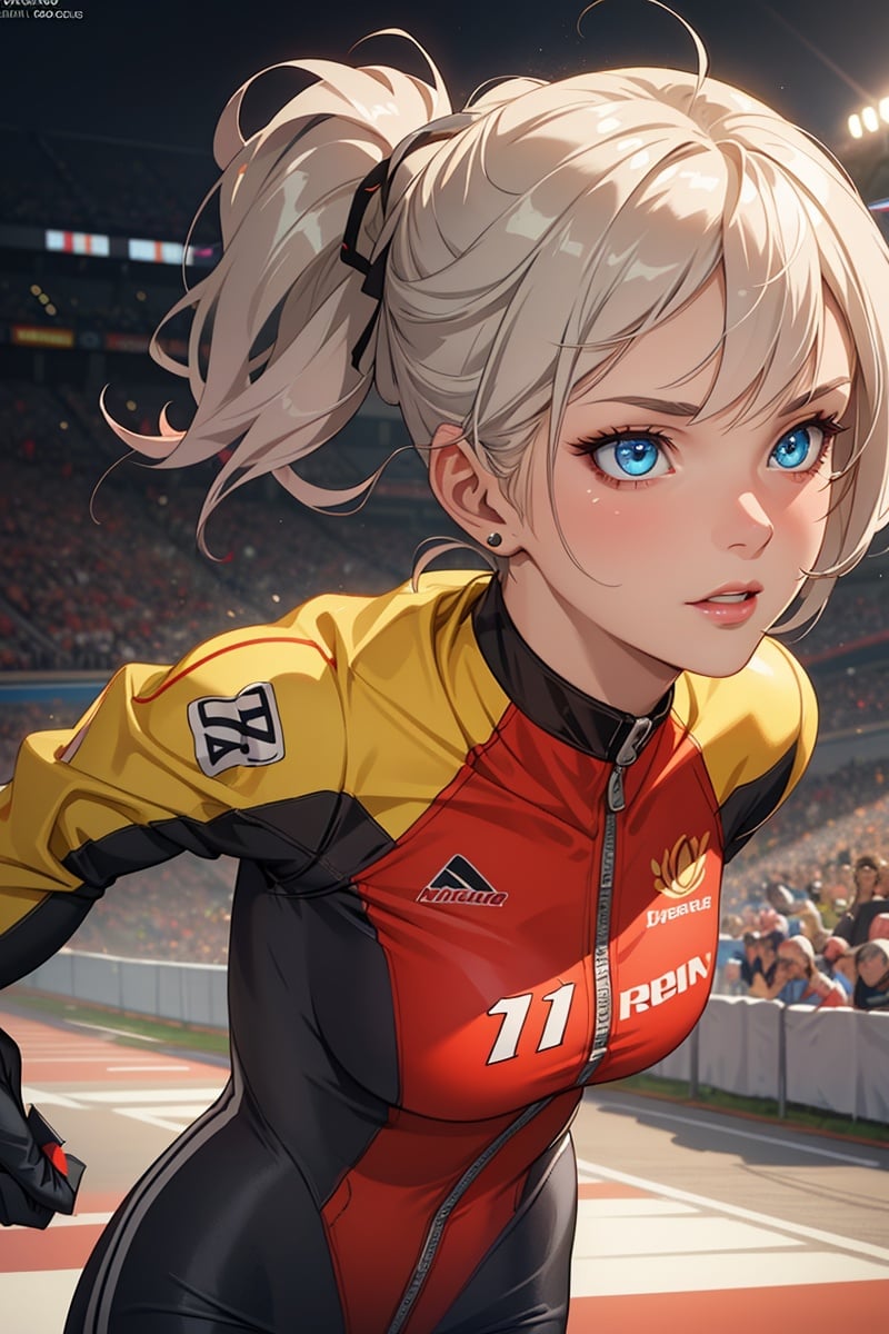 Original, very detailed wallpaper, very detailed illustrations, (1 Girl) , perfect female body, beautiful eyes, (delicate face) ,  (seductive expression) , eyes, impact, race queen, racing suit1.5, The race track, the perfect face, the perfect body,queen1.5, (shiny skin) , (best lighting) , (super-complex detail) , 4K Unity, (super-detailed CG: 1.2) , (8K: 1.2), octane rendering