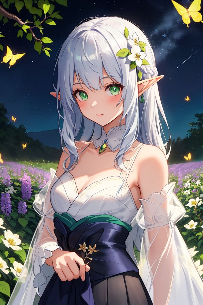 3D，photo，(the wonderland of elf),(((masterpiece))),(incredibly_absurdres),(best quality),(highres),((ultra-detailed)),(girl in the garden),(garden in the dream), (extremely fantasy dream),(an extremely delicate and beautiful girl),delicate face,beautiful detailed eyes,[1princess,elf,pointy_ears, flower, breasts, elf, long_hair, blonde and silver hair, very_long_flowing_hair, solo, detached_sleeves, yokozuwari, green_eyes, white_flower, butterfly_hair_ornament, bare_shoulders, bare_breast,medium_breasts, looking_at_viewer,(silver see-through gauze_dress:1.2),(gold trim glowing gauze_dress), hair_ornament, bangs: :0.66],(upper_body),focus on face,close up,[ :dynamic angle,insect,animals,(bug, glowworm,butterfly,animal, , glowing butterfly,glowing fireflies,fireflies encircles the girl,(glowing)) (detailed light),feather, nature, (sunlight), flowers:0.33],girl in the garden,garden in the wonderland,beautiful and delicate wonderland,(painting),(sketch),(bloom),(shine),(All fireflies shine)(detailed background),(depth of field),backlight,(cinematic light),(lens_flare),(best shadow),(extremely delicate and colorful Wisteria Tunnel), (fairy tale and dreamy),High quality, ultra detail, ((Nahida, genshin impact,Green eyes,Nahida's character costume)),(watercolor medium:1.1), (ukiyoe style:1.21), (masterpiece:1.4641), (best quality:1.331), (illustration:1.1), (1girl:1.5), (solo:1.5), (an extremely delicate and beautiful:1.21),  cute,looking at viewer,Medium lens,(She Hold the branches with small white flowers:1.23),(white background:1.3), (night sky with stars:1.2), (Sophora:1.2), (drooping branches with white flowers),(beautiful long white hair),(very long white hair),small breasts,(black pleated skirt:1.25),((white hair)),(collared shirt),(white stocking),collarbone,[delicate hands:0.8],