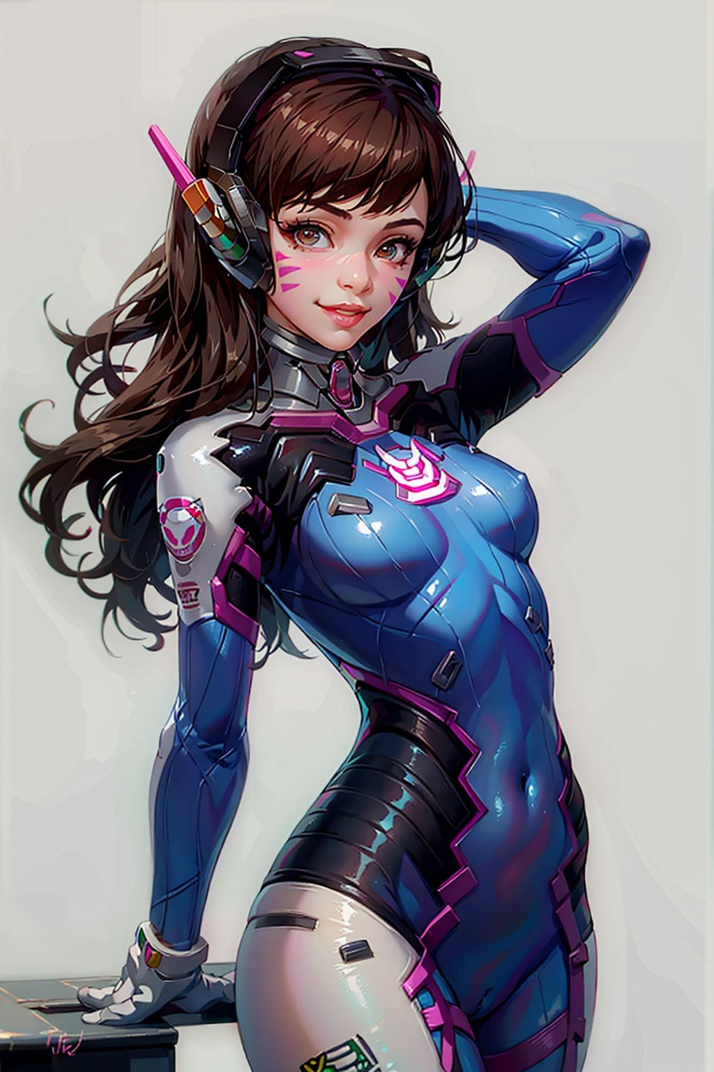 masterpiece, best quality,1girl, solo, long hair, d.va (overwatch), brown hair, bodysuit, facial mark, whisker markings, smile, breasts, headphones, gloves(kbxll:1),Simple background,loli,petety,best quality,高清,32k