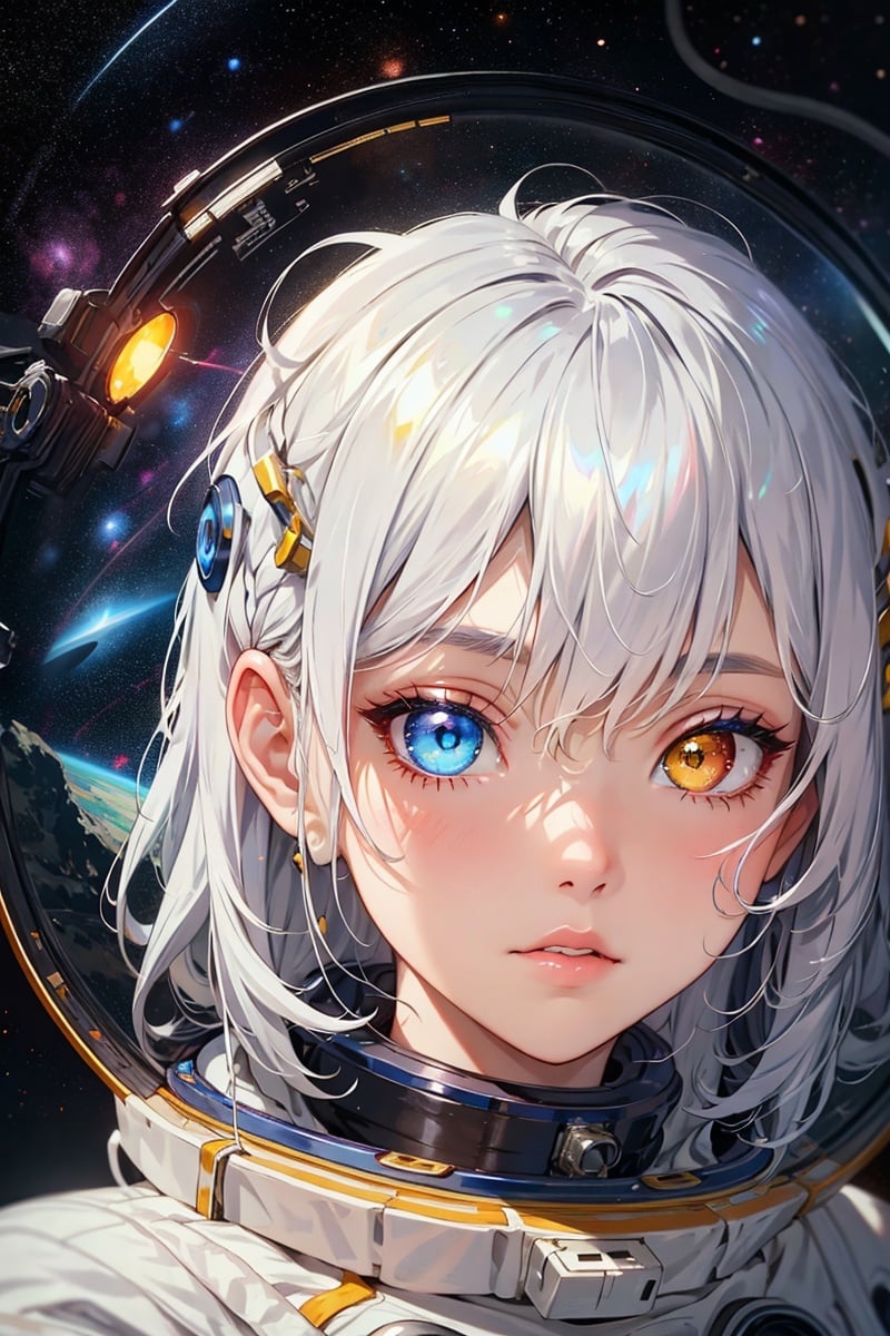 close-up,photo,masterpiece, best quality, space, astronaut, silver hair, yellow eyes, messy hair, space helmet,colorful stars, radiant light, heterochromia, big lips, blue eyes