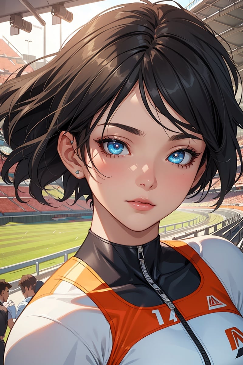 Original, very detailed wallpaper, very detailed illustrations, (1 Girl) , perfect female body, beautiful eyes, (delicate face) ,  (seductive expression) , eyes, impact, race queen, racing suit1.5, The race track, the perfect face, the perfect body,queen1.5, (shiny skin) , (best lighting) , (super-complex detail) , 4K Unity, (super-detailed CG: 1.2) , (8K: 1.2), octane rendering