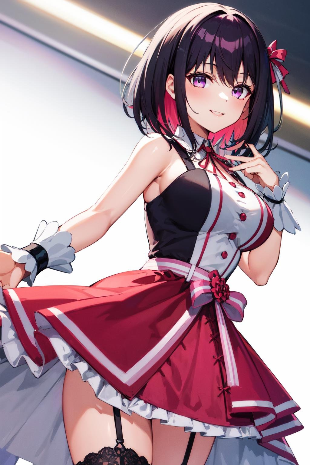 masterpeace, best quality, highres, 1girl, idol clothes, pink hair, black hair, wrist cuffs, colored inner hair, multicolored hair, sleeveless, short hair, purple eyes, ribbon, pink skirt, dress, large breasts, azki \(hololive\), <lora:AZKi_v10:0.7>, cowboy shot, smile, straight-on, 