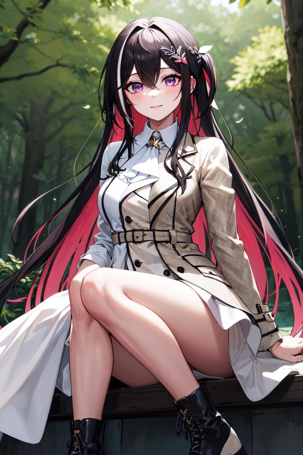 masterpeace, best quality, highres, 1girl, virtual youtuber, solo, multicolored hair, pink hair, long hair, purple eyes, black hair, dress, hair ornament, colored inner hair, hair between eyes, white dress, boots, black footwear, brown jacket, two-tone hair, jewelry, jacket, long sleeves, x hair ornament, bangs, bracelet, very long hair, streaked hair, hairclip, <lora:AZKi_v10:0.7>,