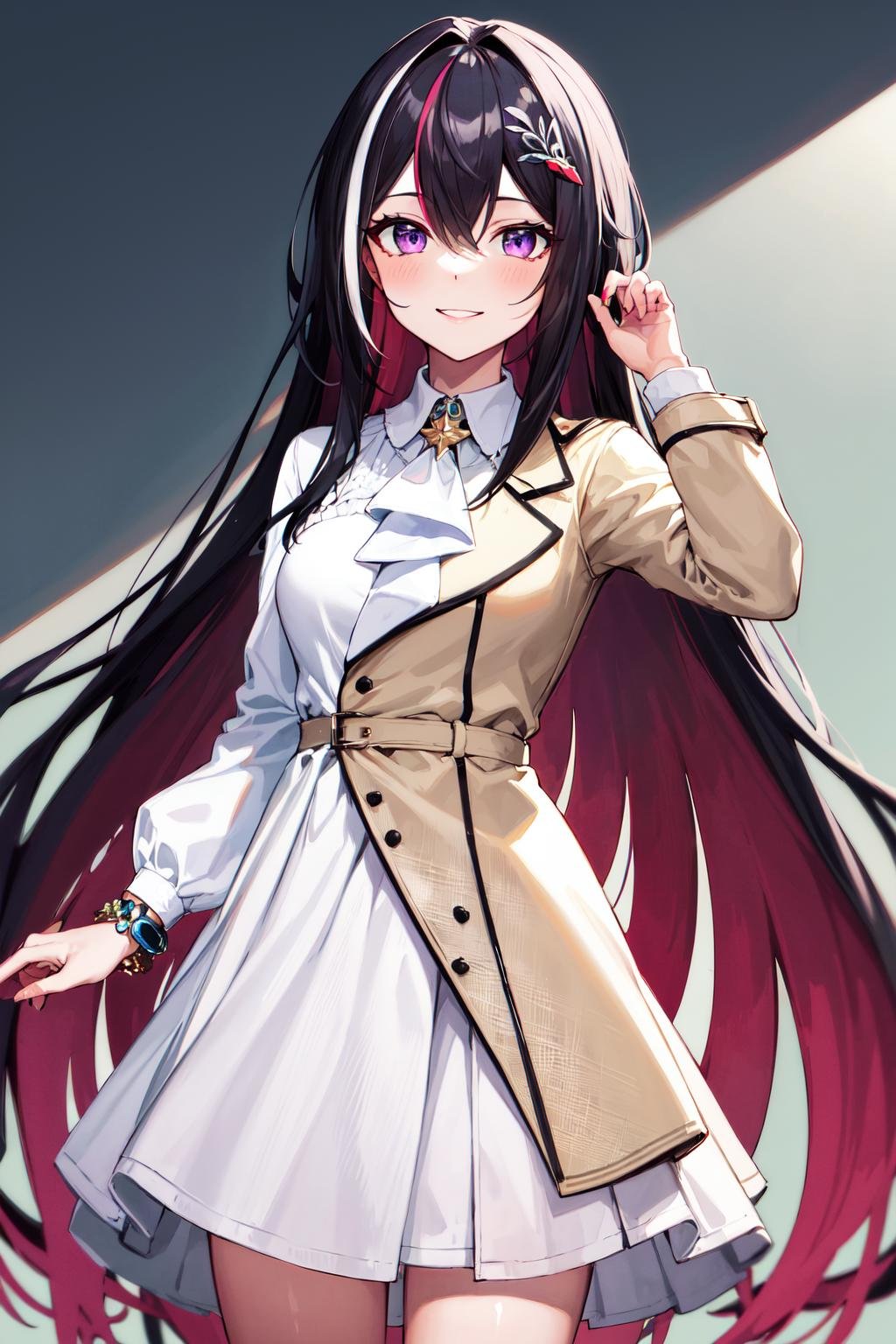 masterpeace, best quality, highres, 1girl, solo, multicolored hair, pink hair, purple eyes, black hair, dress, colored inner hair, hair between eyes, white dress, brown jacket, two-tone hair, jewelry, long sleeves, x hair ornament, bangs, bracelet, very long hair, streaked hair, hairclip, <lora:AZKi_v10:0.7>, standing, cowboy shot, smile,